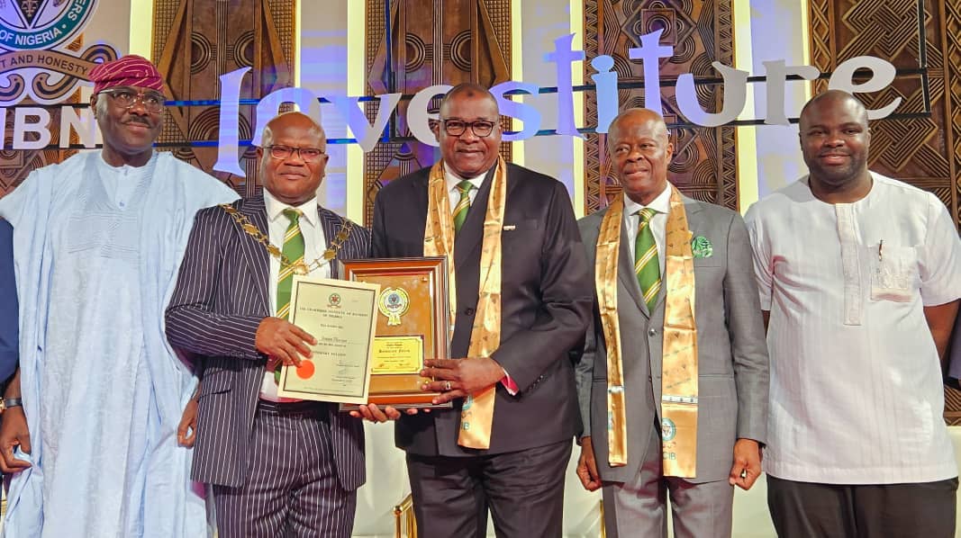 L–R: Mr. Abayomi Oluyomi, Honourable Commissioner for Finance, Lagos State; Prof. Pius Olanrewaju, President/Chairman, Chartered Institute of Bankers of Nigeria (CIBN); Mr. Hassan Imam, Managing Director/Chief Executive Officer, Keystone Bank; Mr. Wale Edun, Minister of Finance and Coordinating Minister of the Economy and Dr. Iyinoluwa Aboyeji, Co-Founder, Andela, during the CIBN 2025 Investiture Ceremony where the Keystone Bank CEO was honoured with the Fellowship of the Institute, held in Lagos on Saturday, November 1, 2025. PHOTO: Keystone Bank