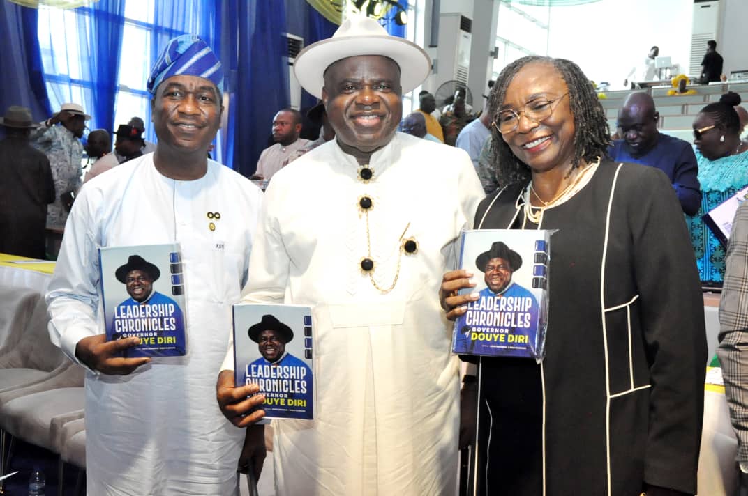 L-R: Deputy Governor of Lagos State/Representative of the Vice President and the Governor of Lagos State, Dr. Obafemi Hamzat; Governor of Bayelsa State, Douye Diri, and Vice-Chancellor, University of Lagos, Prof. Folasade Ogunsola, at a formal Book presentation/launch, Public lecture and Institution of a Professional Chair on Leadership and Good Governance in honor of the Bayelsa State Governor, held in Lagos.