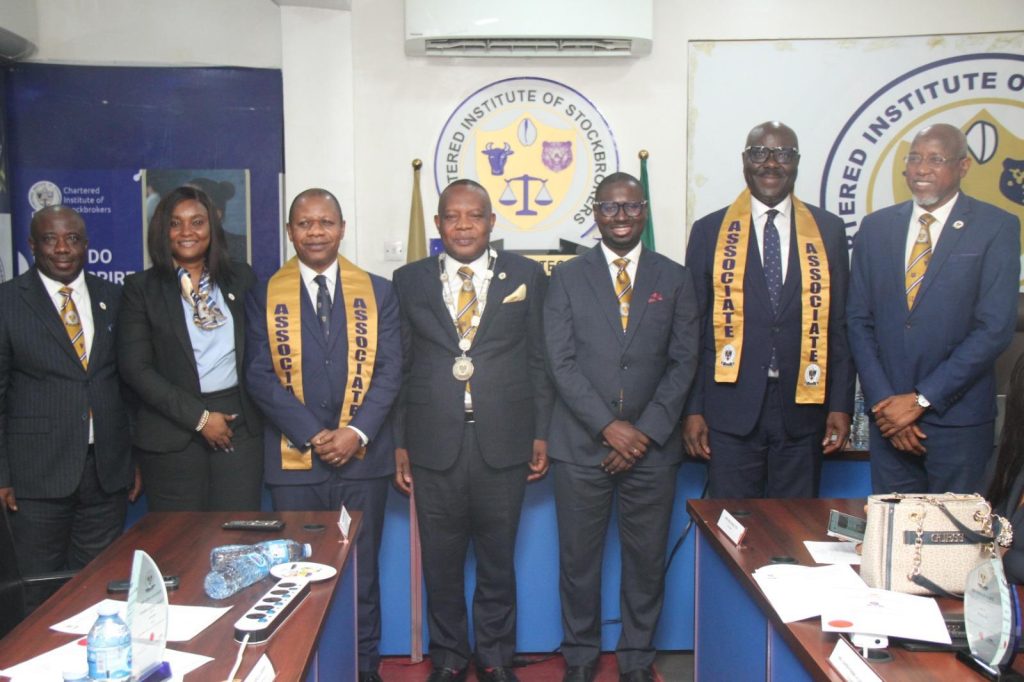 L-R: Registrar and Chief Executive, Chartered Institute of Stockbrokers (CIS), Ayorinde Adeonipekun; 1st Vice President, Fiona Ahimie; Managing Director, Stambic IBTC PLC, Oluwole Adeniyi; 13th President and Chairman of Council, CIS, Oluropo Dada; 2nd Vice President, Dr Akeem Oyewale; Lagos State Commissioner for Finance, Abayomi Oluyomi and Council Member, CIS, Kasimu Kurfi during the Special Induction of Oluyomi and Adeniyi as Associate Members of CIS in Lagos recently