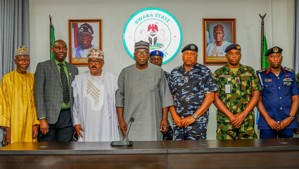 L-R: Secretary to the State Government (SSG), Prof. Mamman Saba Jibril; Director of the Department of State Services, Kwara State Command, Mr. Michael Oganwu; Kwara State Deputy Governor, Mr. Kayode Alabi; Governor AbdulRahman AbdulRazaq (CON); Commissioner of Police, CP Adekimi Ojo; General U.S. Edom; and Comptroller Nigeria Civil Defence Corps, Dr. Umar Muhammed; during a security meeting at Ahmadu Bello House, Ilorin, on Friday.
