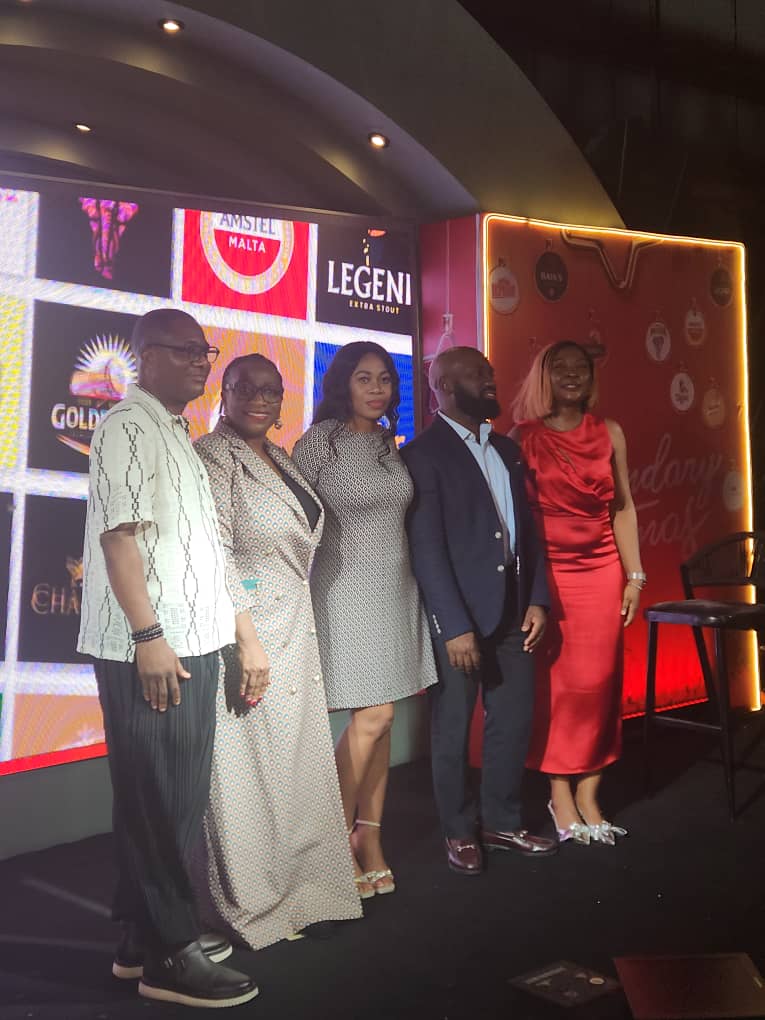 L–R: Elohor Olumide-Awe, Portfolio Manager, Non-Alcoholic Brands, Nigerian Breweries Plc; Wasiu Ola Abiola, Cluster Media Lead, West Africa, Nigerian Breweries Plc; Sarah Agha, Marketing Director, Nigerian Breweries Plc; Oluchukwu Ohakawa, Brand Manager, Fayrouz; Sampson Oloche, Portfolio Manager, Beyond Beer; and Sandra Amachree, Head, Marketing Communications, Nigerian Breweries Plc, at the “Legendary Christmas” press cocktail where Nigerian Breweries unveiled its 2025 festive campaign on Wednesday, November 26, at Nomaada Lagos, Victoria Island