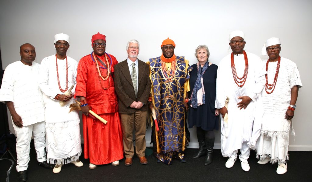 From left: Prof Oba Nsugbe, Kings Counsel and Chair of the Board of Trustees, the Africa Centre; Chief Chuck Nduka-Eze, the Isama Ajie of Asaba and Executive Producer of the film documentary; Chief Nwanze Oduah, the Odogwu of Asaba; Prof Charles Adams of the University of South Florida; The Asagba of Asaba, Prof Epiphany Azinge, SAN, OON; Prof Elizabeth Bird, author of the book on the Asaba Massacre; Chief (Prof) Victor Izegbu, the Ojiako of Asaba; and Chief Oburota, the Eziokwu Bundu of Asaba, when the film documentary premiered in London at the Africa Centre, 26 October 2025, chaired by the Asagba of Asaba.