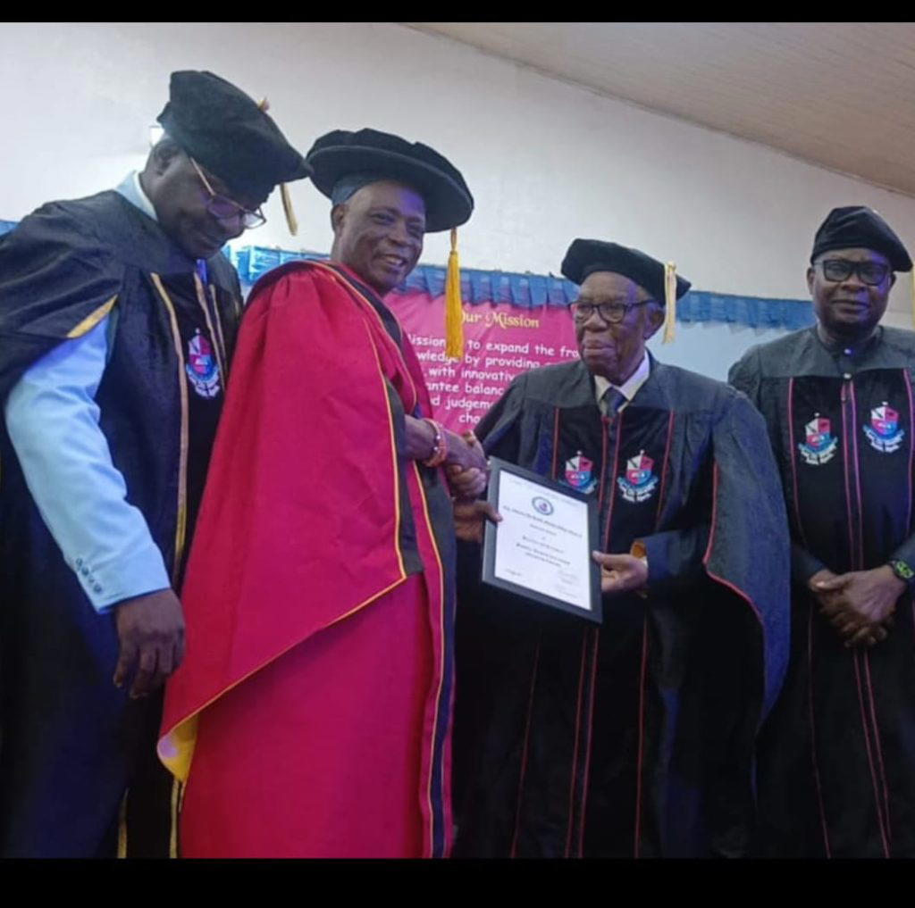Olubadan of Ibadan, His Imperial Majesty Oba Rashidi Adewolu Ladoja, receiving the Doctor of Science, Public Administration (Honoris Causa) in Public Administration from the Chancellor of Lead City University, Ibadan, Prof Gabriel Ogunmola, right is the Pro-chancellor, Prof Jide Owoeye, and left is the Vice Chancellor, Prof Kabiru Adeyemo, at the Occasion of the 18th Convocation Ceremony
