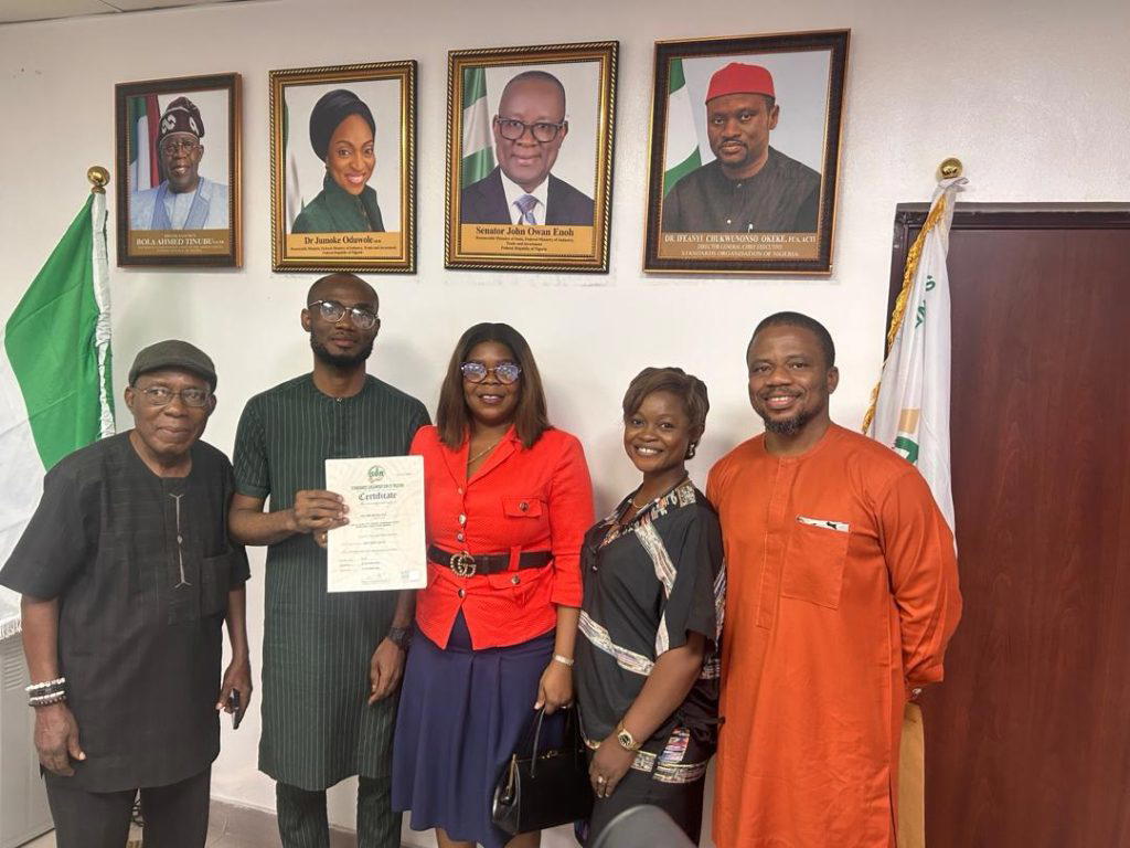 L-R: Coleman Obasi ISO Consultant, David Emuloh, Director of Operations & IT, / Quality Champion, Haldane McCall PLC, Abiola Elugbaju, Deputy Group Managing Director, Kikelomo Akinbiyi, Group Cost Control Officer, and Emmanuel Banwuna , Group Compliance Officer during presentation of ISO Certificate to Haldane McCall by Standards Organisation of Nigeria (SON) in Lagos .