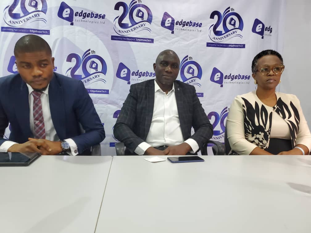 Adeyinka Alade, Head, Operations/Supply Chain management, Lukman Kola Afolabi, Head human capital/ ED, and Modupe Adesiyun, GM Sales, all of Edgebase technologies at the media briefing in Lagos, recently.