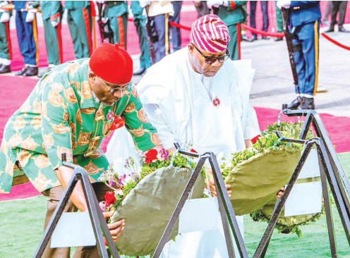 From left, Deputy Speaker House of Representatives, Benjamin Kalu and Senate President, Godswill Akpabio, laying the wreaths during the 2026 parade to mark the Armed Forces Remembrance Day, at National Arcade, Abuja, yesterday. Photo: Peters Oyedele