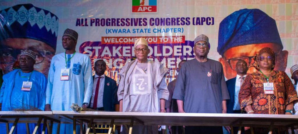 L-R: Senior Adviser and Counselor to Kwara State Governor, Alhaji Sa'adu Salau; Deputy Speaker, Kwara House of Assembly, Hon. Ojo Olayiwola; State APC Chairman, Prince Sunday Fagbemi; Governor AbdulRahman AbdulRazaq; and Deputy Chief of Staff, Princess Olubukola Babalola; during the APC Stakeholders' Engagement and Commencement of E-registration and Revalidation Exercise, in Ilorin, on Monday.