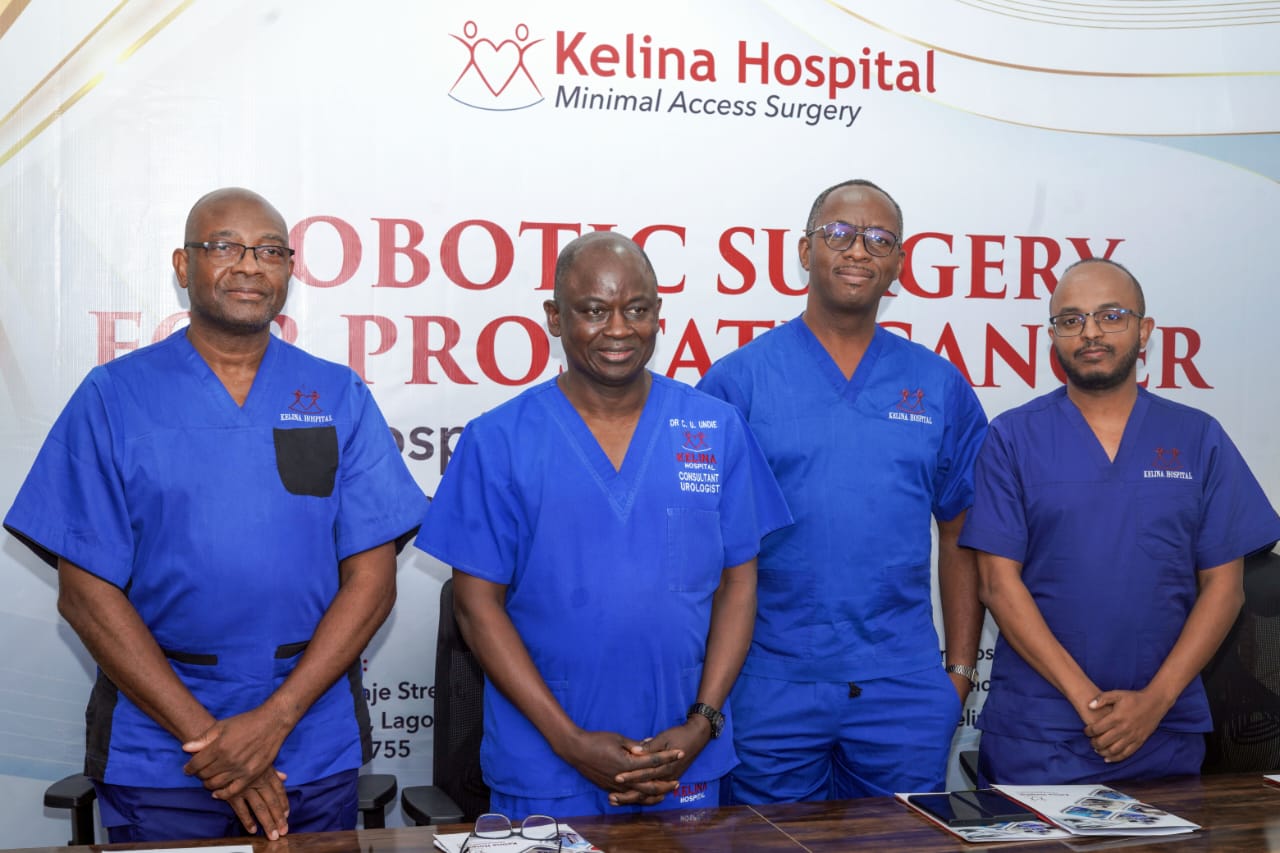 Caption: From Left: A Consultant Urologist, Dr Bertin Njinou, Consultant Urologist, Medical Director and Chief Executive Officer, Kelina Hospital, Abuja and Lagos, Dr. Celsus Ukelina Undie, a Consultant Family Physician, Dr Nedosa Kenechi, and Consultant Urologist, Dr Aklilu Getchew, during a media briefing on the landmark minimally invasive care achieved by the hospital in Lagos recently.