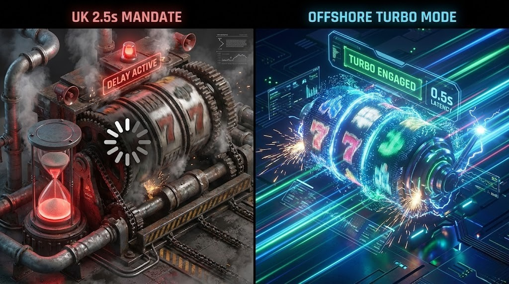 Animation showing UK online casino 2.5 second spin delay compared to turbo mode international platform