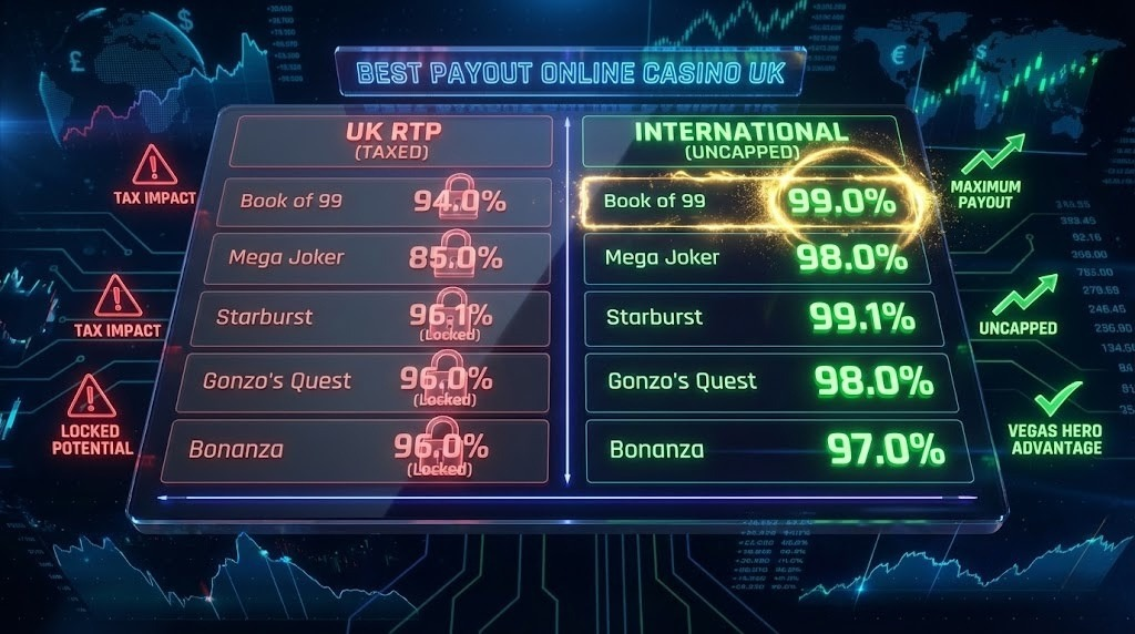Comparison table listing highest RTP slots available on international platforms versus UK-adjusted versions, showing why players seeking the best payout online casino UK options must look offshore for games like Book of 99 at 99% RTP.