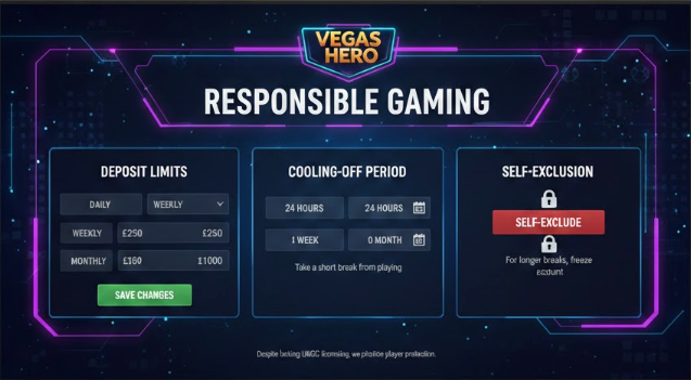 Dashboard interface showing Vegas Hero's responsible gaming tools including deposit limits, cooling-off periods, and self-exclusion options, demonstrating that the best payout online casino UK alternatives offshore still provide player protection mechanisms despite lacking UKGC licensing.