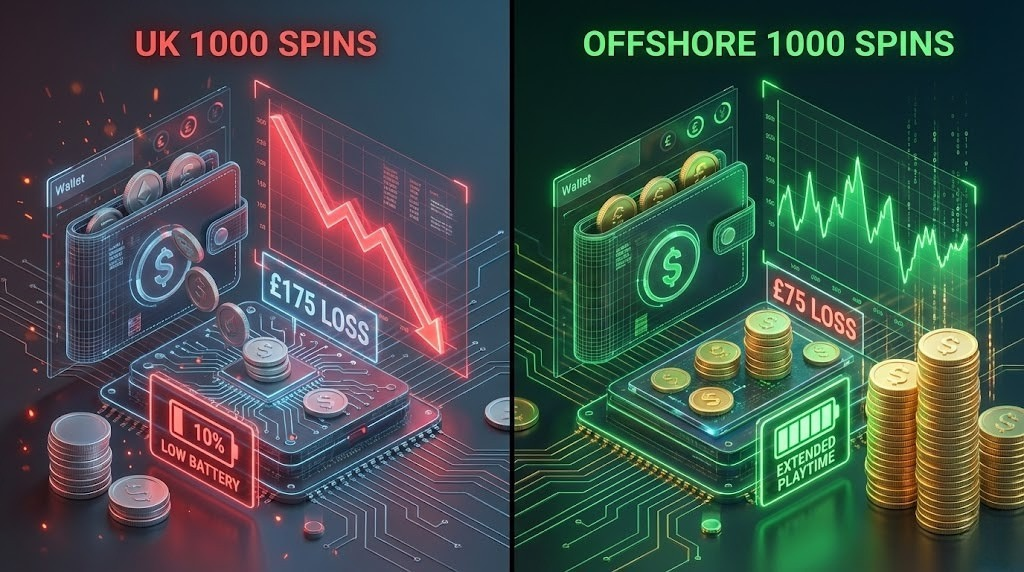 Data visualization showing compound loss comparison 1000 spins UK online casino versus offshore platform