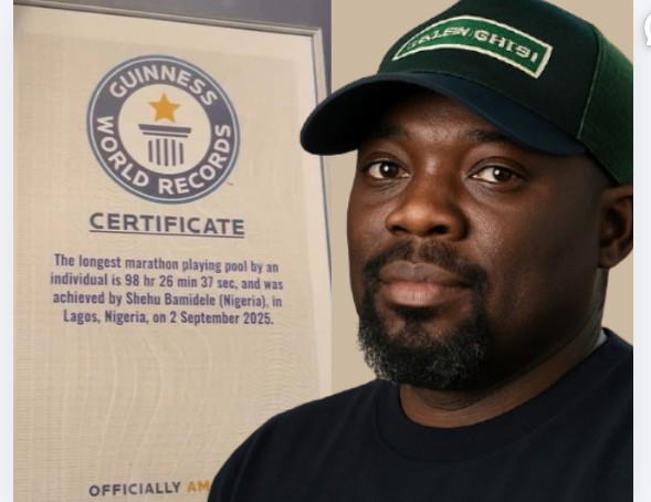 Shehu Bamidele officially receives Guinness World Record for longest 8-ball pool marathon