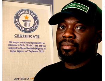 Shehu Bamidele officially receives Guinness World Record for longest 8-ball pool marathon