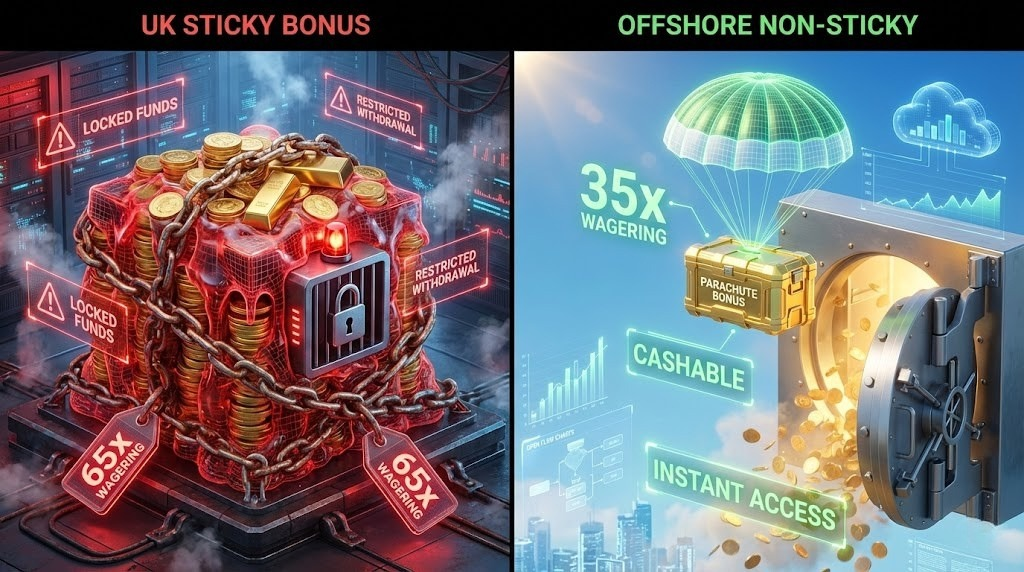 Infographic comparing UK online casino bonus structures sticky vs non-sticky terms and wagering requirements