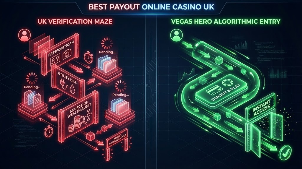 Process flow diagram contrasting the multi-stage affordability verification process at UK casinos versus the streamlined registration at international platforms like Vegas Hero, illustrating why players seeking the best payout online casino UK are moving offshore to avoid document submission requirements.
