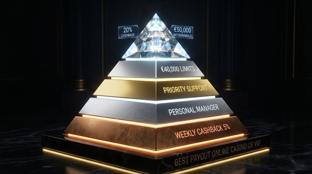 Pyramid diagram showing Vegas Hero's five-tier VIP system from Bronze to Diamond, detailing escalating benefits like €50,000 monthly withdrawal limits and 20% weekly cashback that make it the best payout online casino UK high-volume players can access.