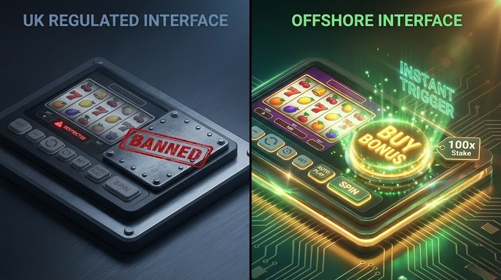 Screenshot comparison showing bonus buy feature slots unavailable on UK online casino versus available offshore