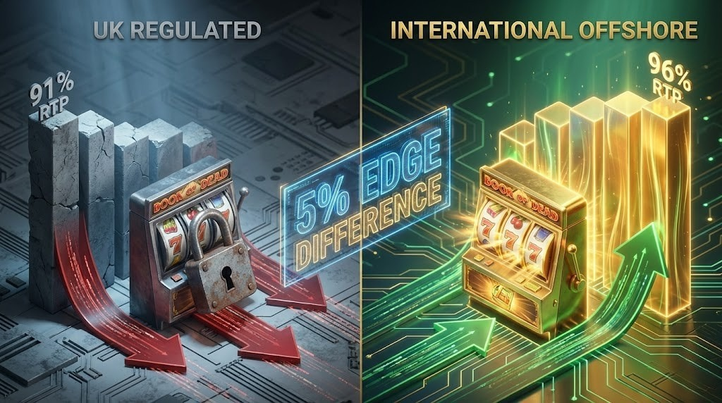 Side-by-side RTP comparison chart for popular slots on UK online casino vs offshore platforms