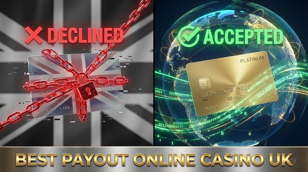Split-screen comparison showing a prohibited credit card icon with UK flag versus an enabled credit card icon with international flag, illustrating how the best payout online casino UK alternatives restore payment flexibility lost in domestic market.