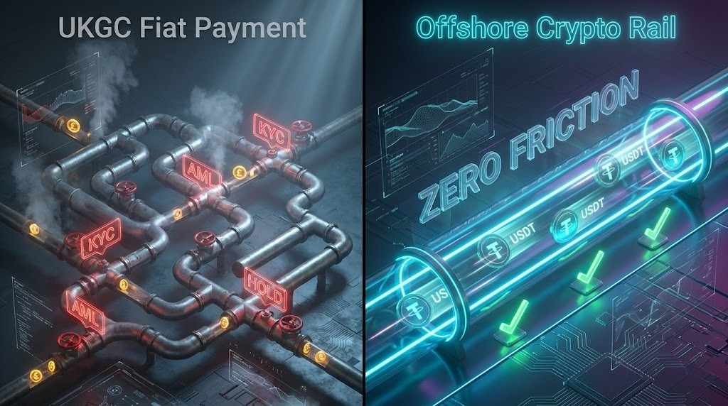 Step-by-step visual comparison of payment processing UK online casino UKGC vs crypto-based offshore platform