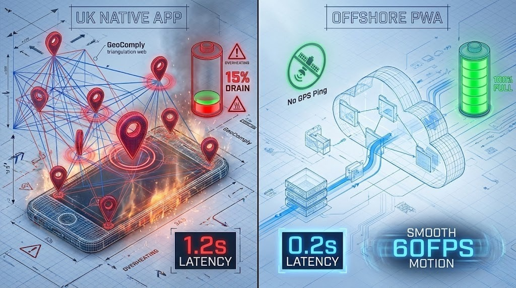 Technical diagram showing UK online casino GeoComply location verification system and performance impact metrics