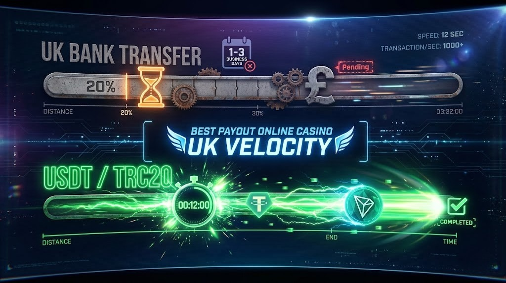 Timeline comparison graphic showing UK bank transfer withdrawals requiring 1-3 business days versus USDT TRC20 crypto transfers completing in 2-15 minutes, demonstrating why the best payout online casino UK options are increasingly crypto-native platforms.