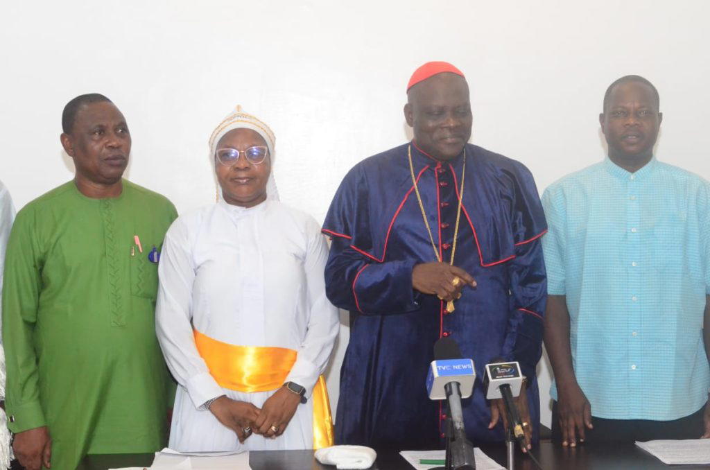 L-R: Assistant Secretary, CAN Lagos State Chapter, Rev. Dr. Dele Asaju, Chairperson, WOWICAN, Lagos State Chapter, Prophetess Stella Okoroafor,Chairman, CAN Lagos State, Bishop Dr. Stephen Adegbite and Vice Chairman, CAN Lagos State, Rev Simeon Adekeye during a media briefing held at the Lagos State CAN Secretariat on Jobi-Fele Way, Ikeja on the forthcoming Inter-Denominational Divine Service, (IDDS)2026.