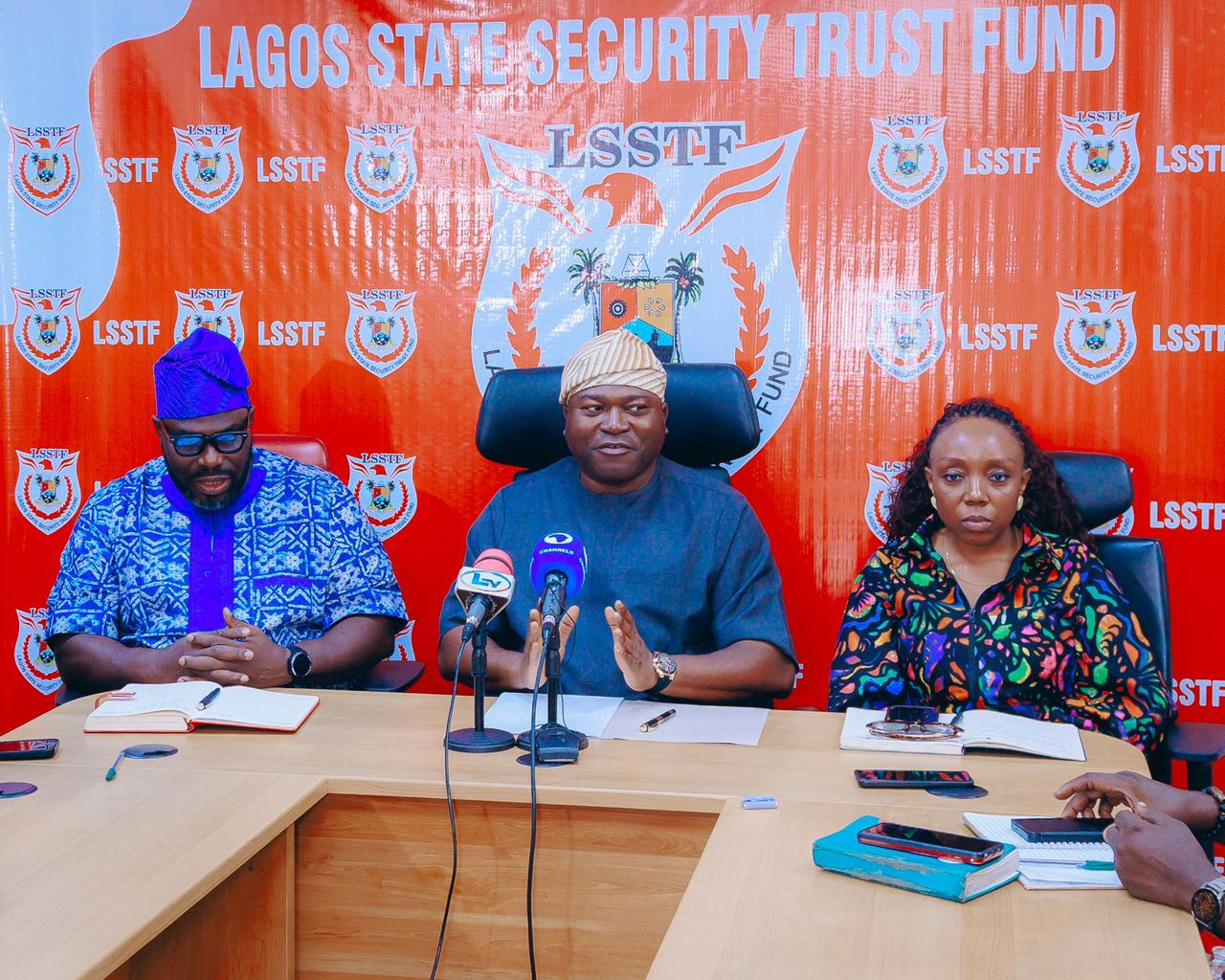 L-R: Director, Administration, Lagos State Security Trust Fund, LSSTF, Mr. Degbola Lewis; Executive Secretary/CEO, LSSTF, Dr. Ayo Ogunsan and Executive Assistant, LSSTF, Mrs. Adaobi Nwankwo during the Press Briefing of One Hundred (100) Days in Office Achievements of LSSTF's CEO, Dr. Ogunsan at the agency's office, Alausa Secretariat, Ikeja Lagos.