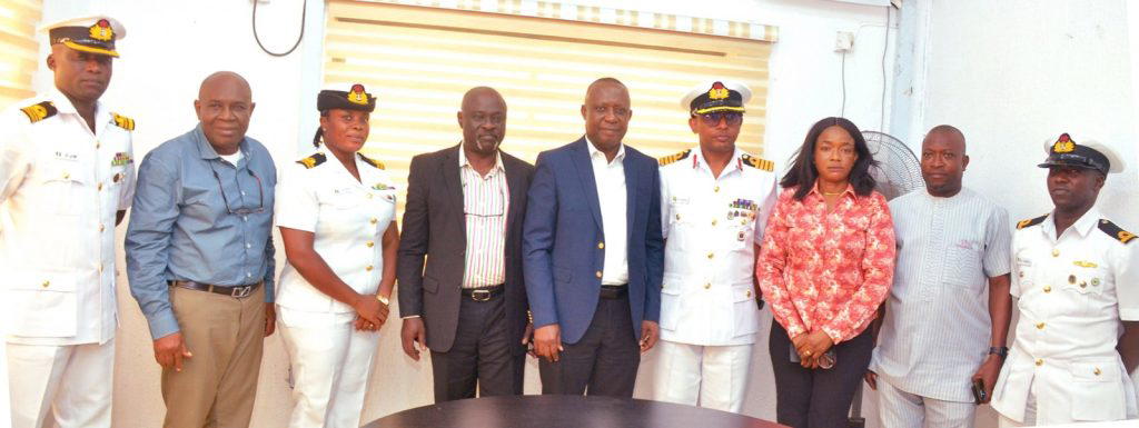From Left; Lieutenant Commander Earnest Jim; Mr Onochie Anibeze, Editor, Saturday Vanguard Newspapers;  Lieutenant Sandra Uju Stephen; Mr Adekunle Adekoya, Deputy Editor, Vanguard Newspapers; Mr Eze Anaba, Editor, Vanguard Newspapers; Navy Captain Abiodun Abidemi Folorunsho,  Director of Naval Information; Mrs Evelyn Usman, Crime deputy Editor, Vanguard Newspapers; Prince Osuagwu, Vanguard's Hi-Tech Editor, Vanguard Newspapers and  Lieutenant Abraham Adebiyi Akindele, during the courtesy visit by the  Director of Naval Information to the Vanguard Newspapers Head Office in Lagos, 0n Tuesday. Photo; Kehinde Shonola