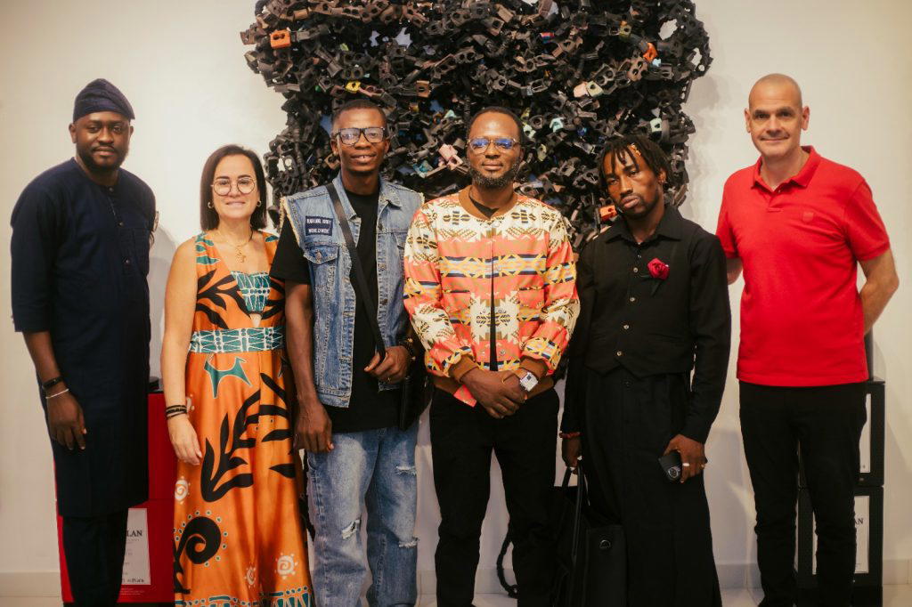 L-R: Hammed Adebiyi, Senior Brand Manager, West and Central Africa (WACA), Edrington; Patty Chidiac-Mastrogiannis, CEO, Alexis Galleries; artists Aliya Diseotu Victor, Ibrahim Afegbua, and Konboye Ebipade Eugene; and Minas Mastrogiannis, Co-founder, Alexis Galleries—at the "Recycling Matters II" exhibition, in partnership with The Macallan, on February 7, 2026, at Alexis Galleries in Lagos, Nigeria.