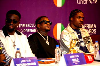 Milo (9th AFRIMA’s Best Male African Inspirational Music), Didi B ((9th AFRIMA’s Best African Lyricist/Rapper) and Axel Merryl (9th AFRIMA’s Best African Contemporary) during the Road to the AFRIMA 10th Edition Media and Stakeholders Parley by the Francophone community held at the Pullman Hotel, Abidjan, Cote d'Ivoire, on Tuesday, February 18, 2026