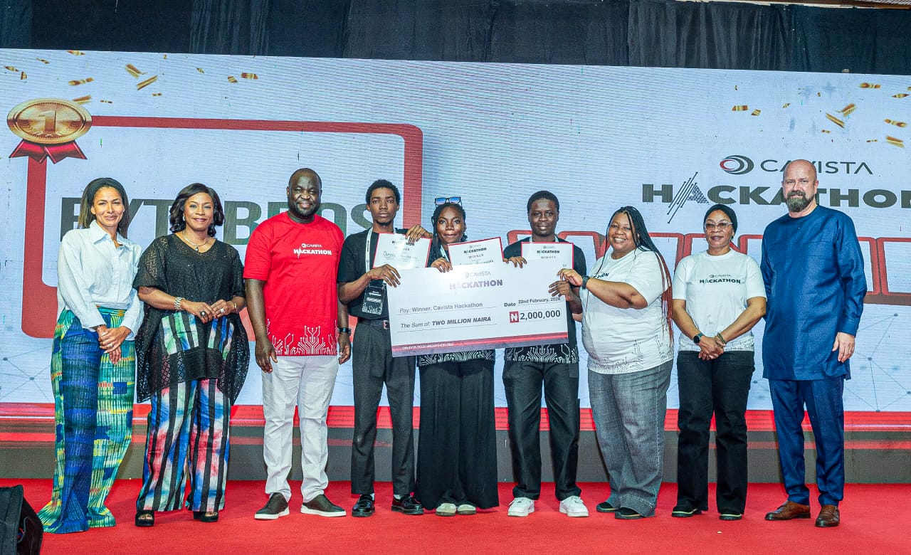 From Left: Managing Partner, Octerra Capital, Ashim Egunjobi; Founder/CEO, BeyondLimits, Dr. Juliet Ehimuan; Chairman, Cavibsta Holdings, Niyi John Olajide; Bytebros Winner, 4th Cavista Hackathon from LASU, Olajide Alameem; Ajasa Shashudeem; Alexandra Adeyemi; General Manager, Cavista Technologies, Oyebola Morakinyo; Registrar, National Institute of Management (Chartered), Dr. Taiwo Olusesi; and CEO, Rack Centre, Lars Johannisson, at the finale of the Cavista Hackathon, in Lagos.. on Sunday