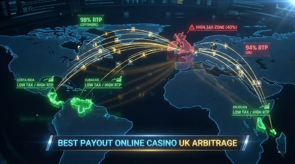 World map highlighting key offshore gambling jurisdictions including Costa Rica, Curacao, and Anjouan with connection lines to UK market, illustrating the regulatory arbitrage enabling the best payout online casino UK players to access superior RTP structures internationally.