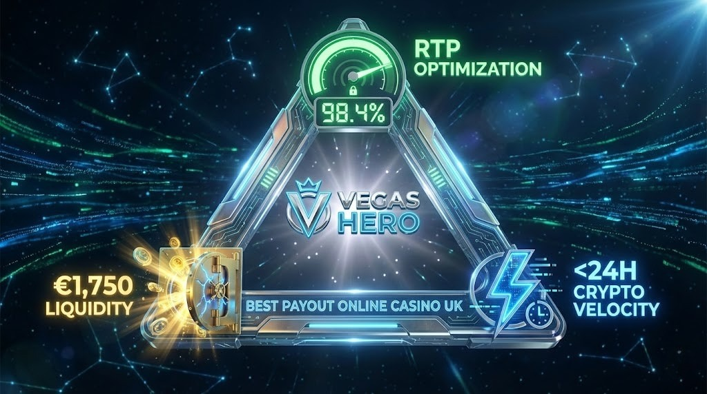 nfographic displaying Vegas Hero's core value proposition for UK players seeking the best payout online casino UK alternatives: 98.4% RTP, €1,750 welcome bonus, and sub-24-hour crypto withdrawals with minimal verification friction.