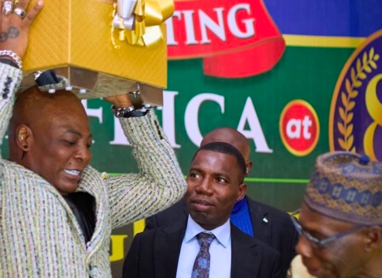 Charly Boy steals show with giant box gift at Obasanjo’s 89th birthday celebration