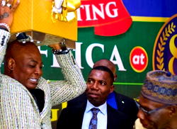 Charly Boy steals show with giant box gift at Obasanjo’s 89th birthday celebration