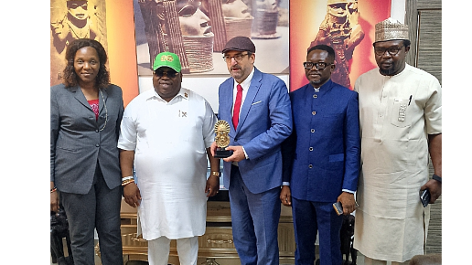 Permanent Secretary of the Ministry of Arts, Culture and Creative Economy, Iryn Omorogiuwa, Esq, Edo State Commissioner for Arts, Culture and Creative Economy, Chris Okaeben, the Consul-General of Germany to Nigeria, Daniel Krull, with the Edo State Commissioner for Health, Dr. Cyril Adams Oshiomhole; and the Director of Entertainment and Creative Economy, Mr. Harrison Ehizoba, during the visit of the German consul General to the state.