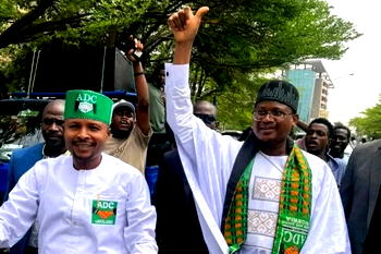 Video: Nafiu Bala leads supporters to INEC, demands recognition of his ADC faction