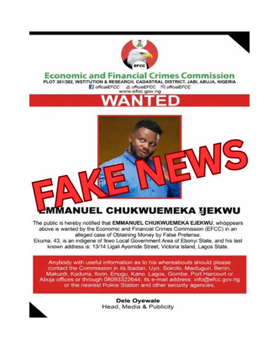 EFCC Poster Calling Comedian Sabinus 'Wanted' Is Fake