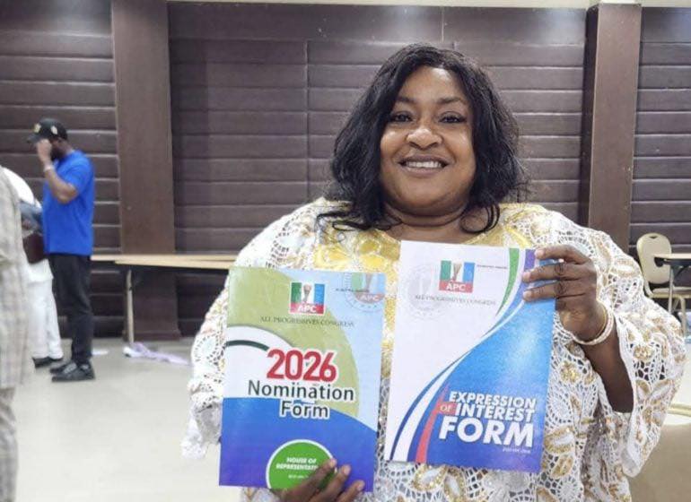 Actress Foluke Daramola selects APC nomination forms for the House of Representatives.