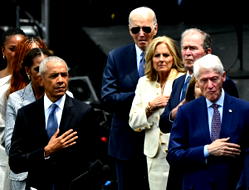 Ex-presidents, celebrities, but no Trump, turn out for Obama Center