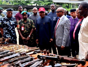 Gov Mbah lauds DSS, Army, others as he Inspects arms cache seized from ESN terrorists