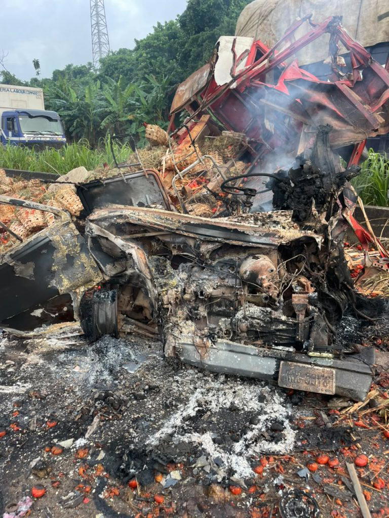 Collision between truck and bus in Ogun leaves two dead and vehicle engulfed in flames