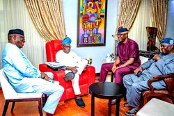 Photos: Makinde, Fayemi, Oyinlola visit Obasanjo in Abeokuta