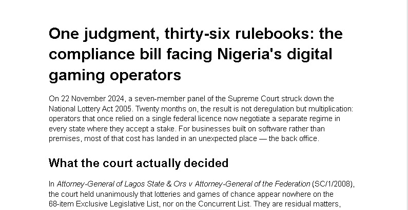 One judgment, thirty-six rulebooks: the compliance bill facing Nigeria’s digital gaming operators