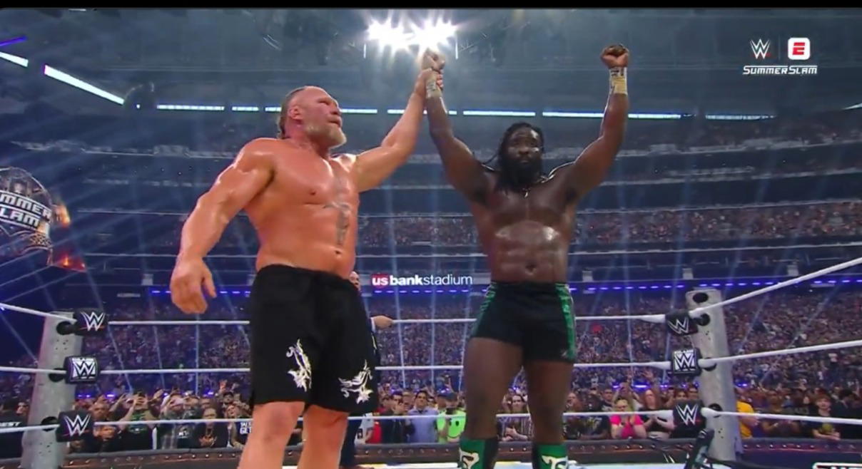 WWE star Oba Femi beats Brock Lesnar in first-ever Hell in a Cell match