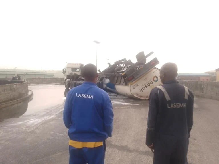 Tragedy averted as 33,000-litre ethanol truck falls off Lagos bridge